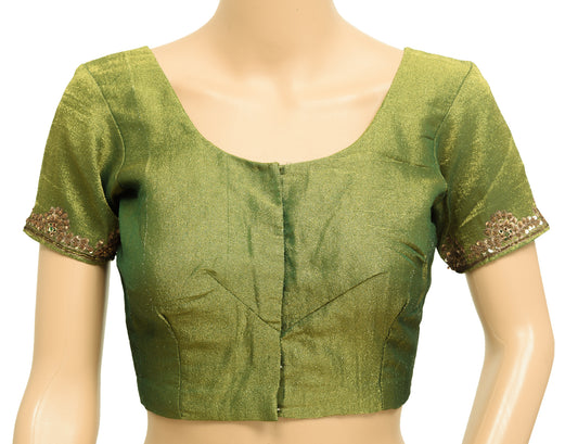 Sushila Vintage Readymade Stitched Sari Blouse Green Tissue Hand Beaded Top