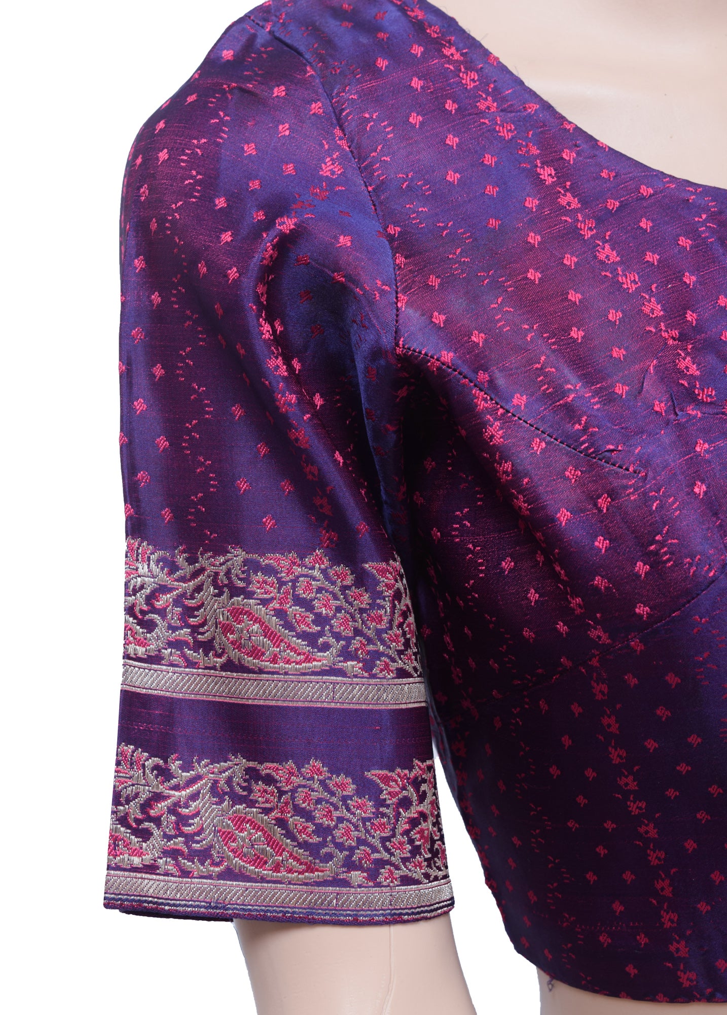 Sushila Vintage Readymade Stitched Sari Blouse Blue & Magenat Woven Satin Top