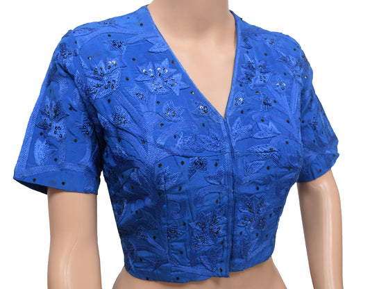 Sushila Vintage Readymade 40"Sari Blouse Pure Crepe Blue Embroidered Top