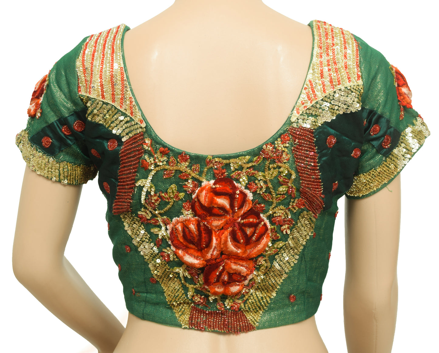 Sushila Vintage Readymade Stitched Sari Blouse Green Hand Beaded Designer Top