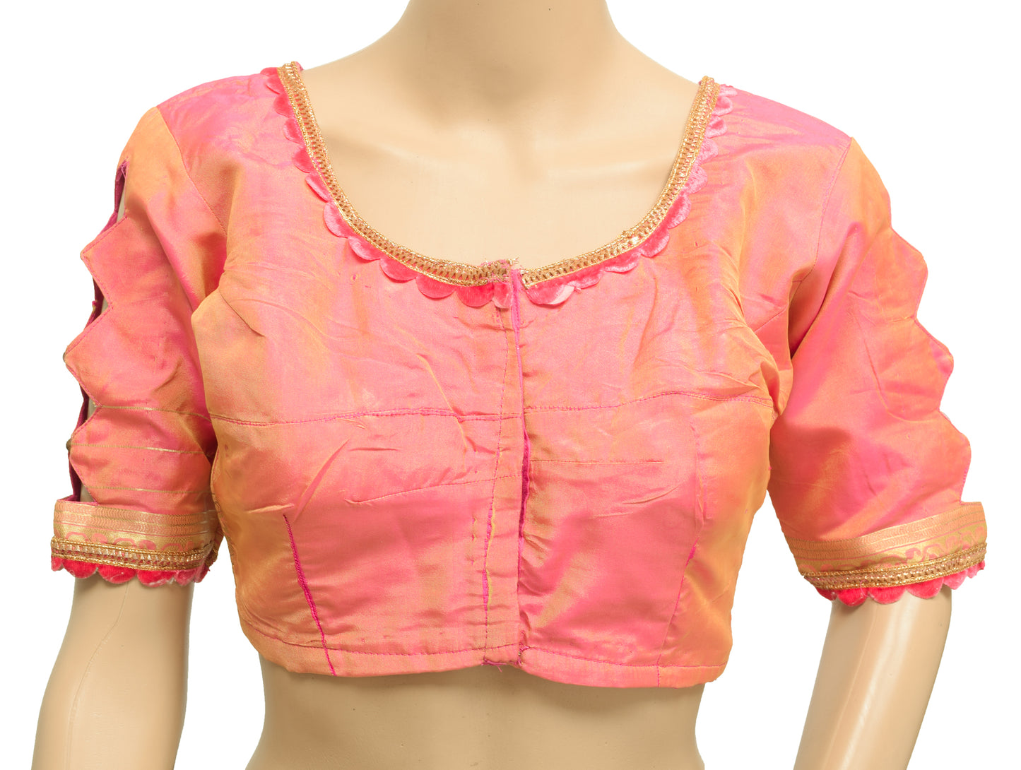 Sushila Vintage Readymade Stitched Sari Blouse Pink Silk Dual Tone Woven Top
