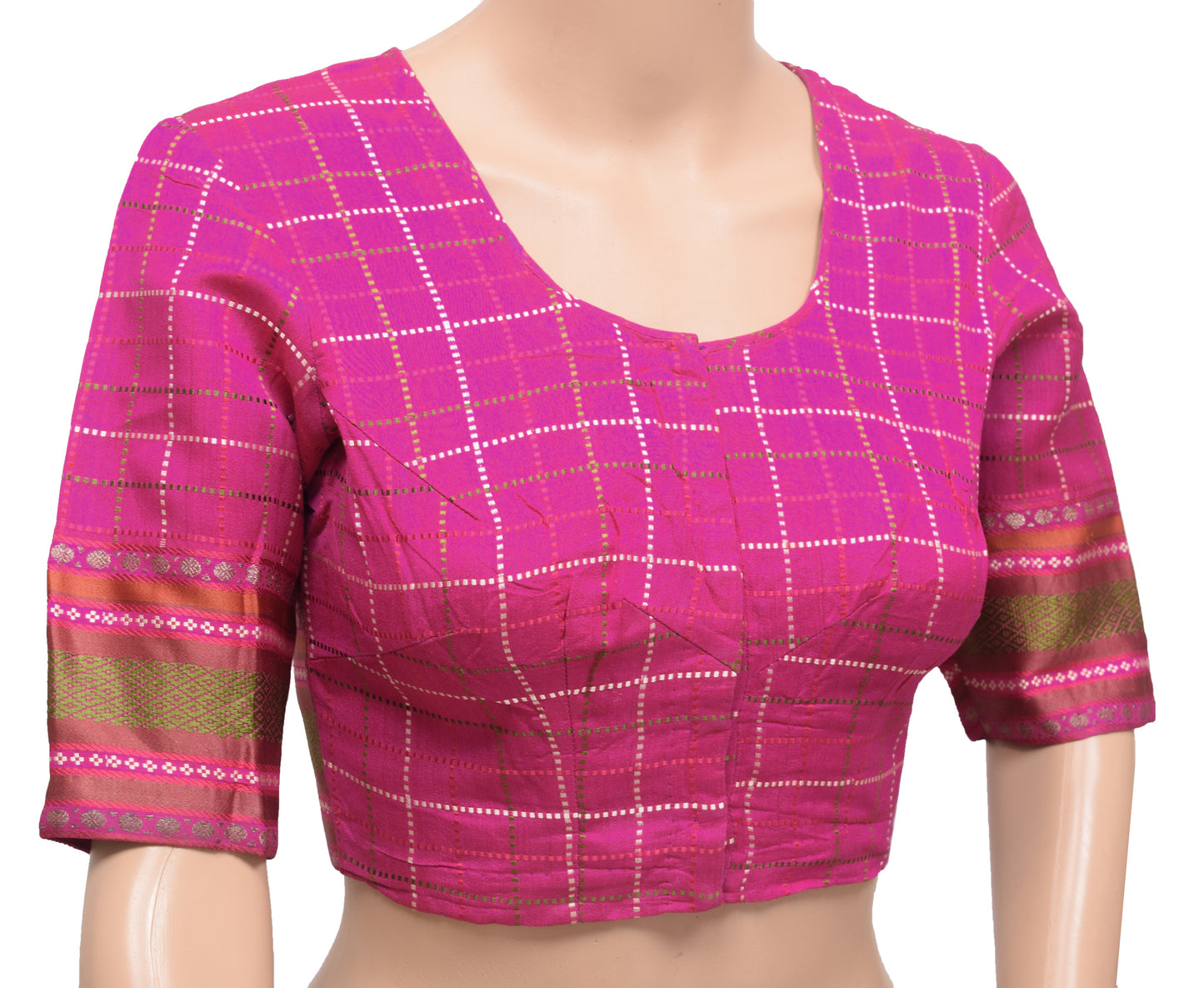 Sushila Vintage Readymade Stitched Sari Blouse Silk Dark Pink Checks Woven Top