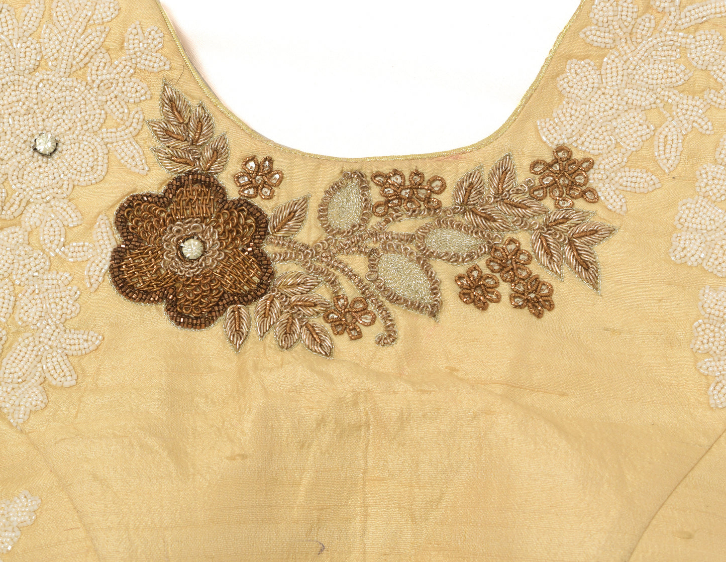 Sushila Vintage Readymade Stitched Sari Blouse Cream Hand Beaded Designer Choli