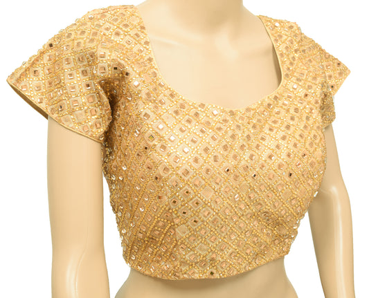 Sushila Vintage Designer Stitched Stunning Golden Mirror Work Sari Blouse 37"Top