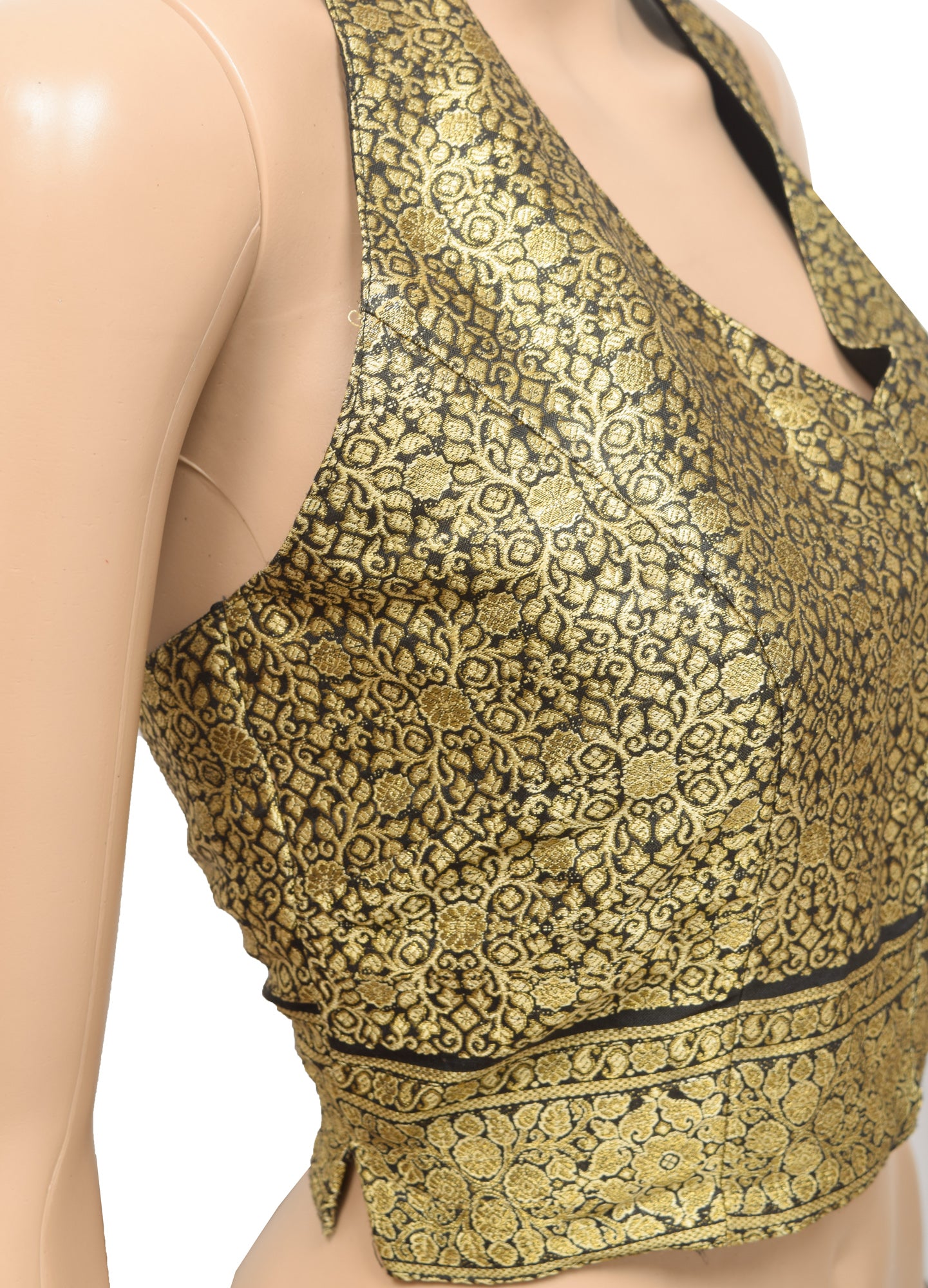 Sushila Vintage Readymade Stitched Halter Neck Sari Blouse Black Woven Satin Top