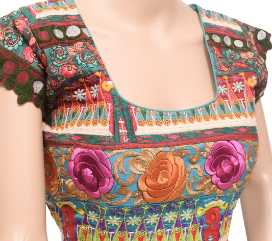 Sushila Vintage Readymade 36" Sari Blouse Multi-Color Patch Work Silk Top