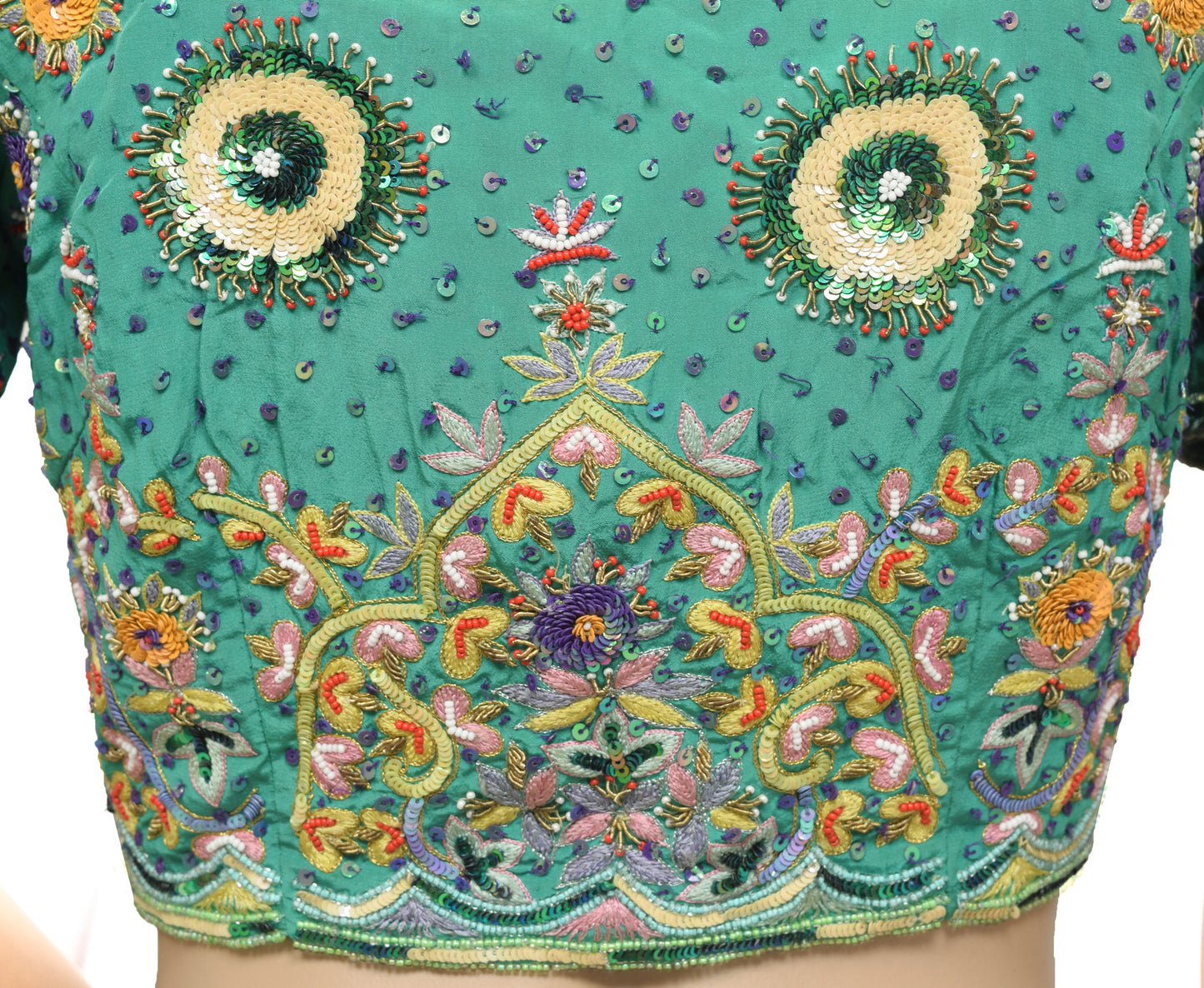 Sushila Vintage Aqua Green Readymade Stitched Sari Blouse Silk Hand Beaded Top