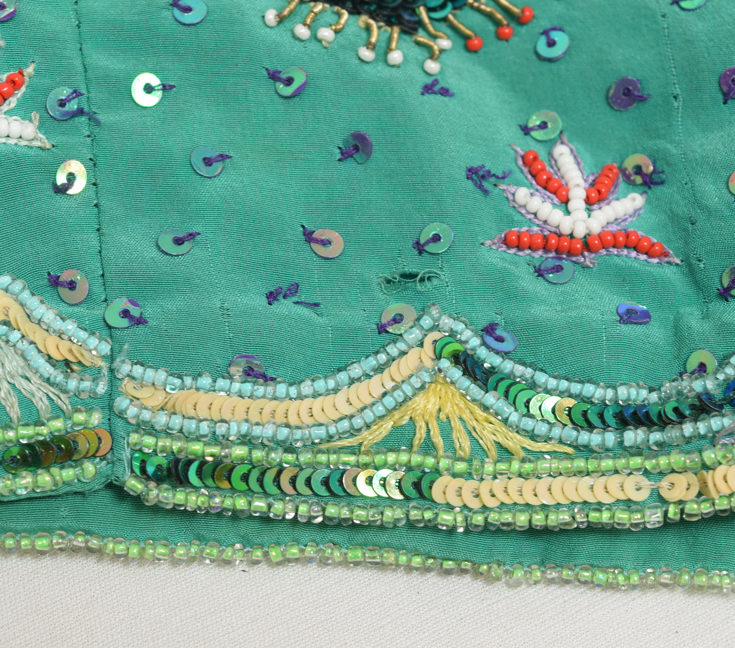 Sushila Vintage Aqua Green Readymade Stitched Sari Blouse Silk Hand Beaded Top