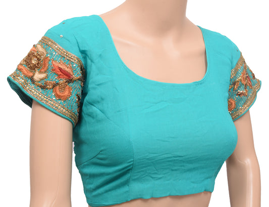 Sushila Vintage Readymade 36"Sari Blouse Aqua Georgette Hand Beaded Top