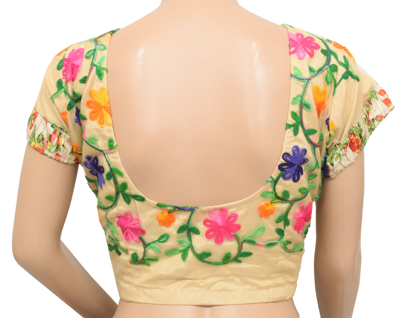Sushila Vintage Readymade Stitched Sari Blouse Net Beige Kashmiri Embroidery Top