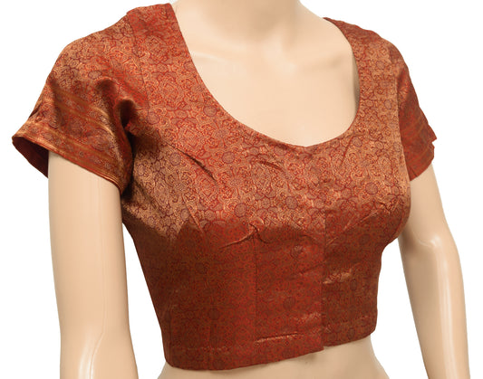 Sushila Vintage Readymade 36"Sari Blouse Red Satin Silk Resham Woven Top