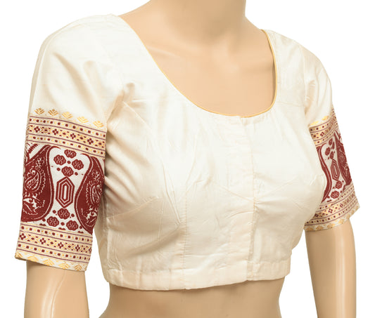 Sushila Vintage Cream Readymade Stitched Silk Sari Blouse Woven Designer Choli 32"