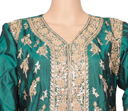 Bottle Green Short Kurti Stitched Sari Blouse Pure Silk Hand Beaded Floral Top 42"