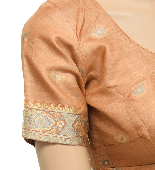 Sushila Vintage Readymade 32" Sari Blouse Brown Floral Pure Silk Woven Top