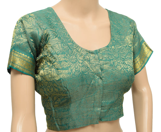 Sushila Vintage Readymade 38"Sari Blouse Green Zari Brocade Floral Top