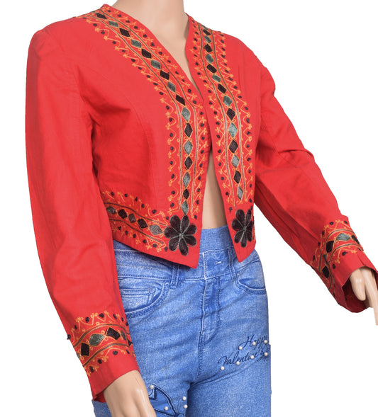 Vintage Red Stitched Puff Sleeve Sari Blouse Cotton Embroidered Waist Coat Top 38"