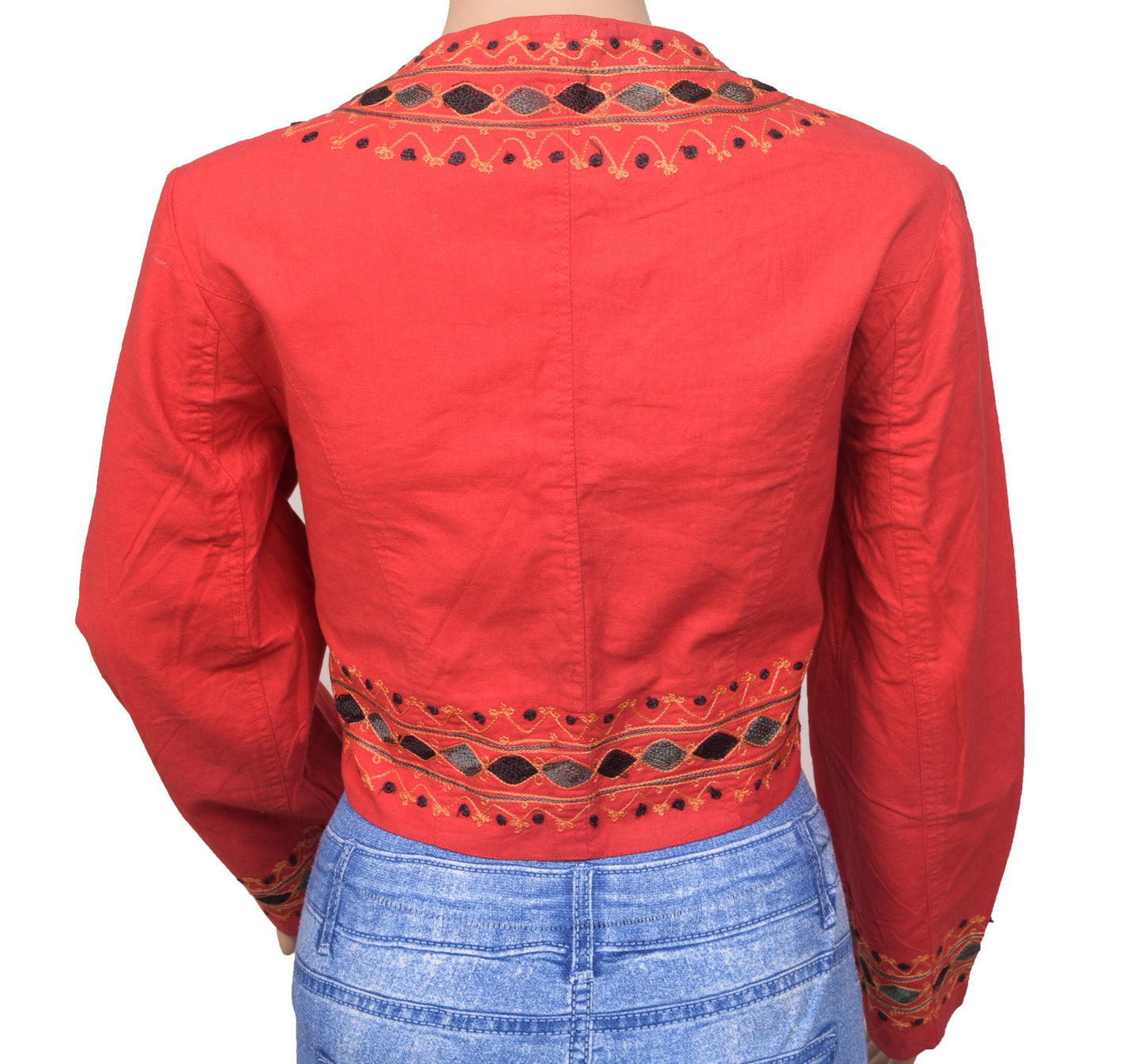 Vintage Red Stitched Puff Sleeve Sari Blouse Cotton Embroidered Waist Coat Top
