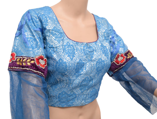 Sushila Vintage Blue Net Readymade Stitched Sari Blouse Hand Beaded Designer Top 40"