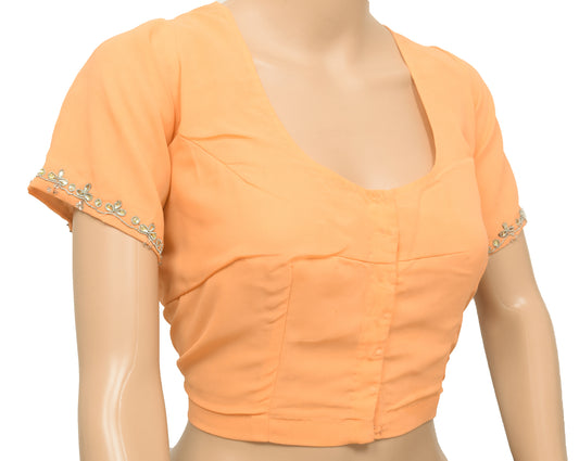 Sushila Vintage Readymade 44"Peach Sari Blouse Georgtte Hand Beaded Choli