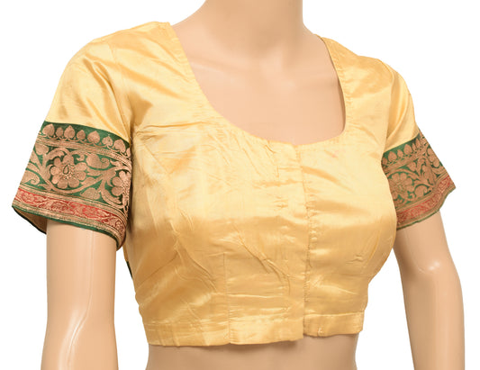 Sushila Vintage 38" Top Readymade Beige Silk Stitched Sari Blouse Woven Designer
