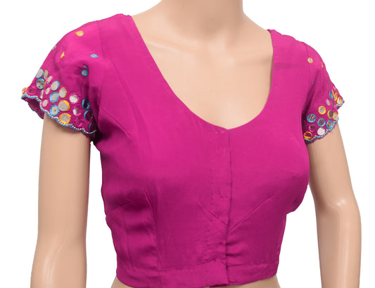Sushila Vintage Readymade 30"Sari Blouse Magenta Crepe Mirror Work Top