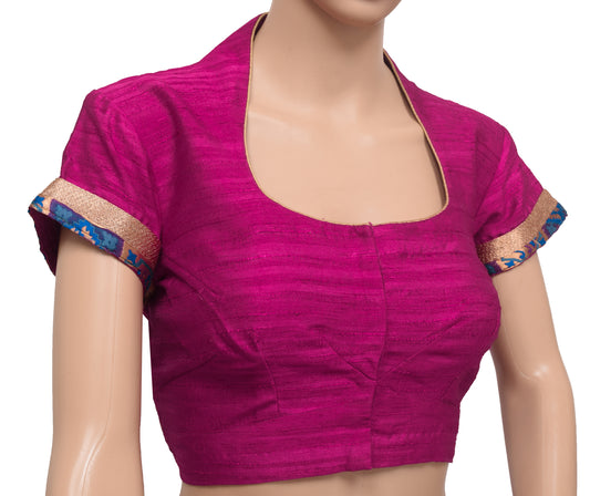 Sushila Vintage Readymade 34"High Neck Collar Designer Magenta Sari Blouse