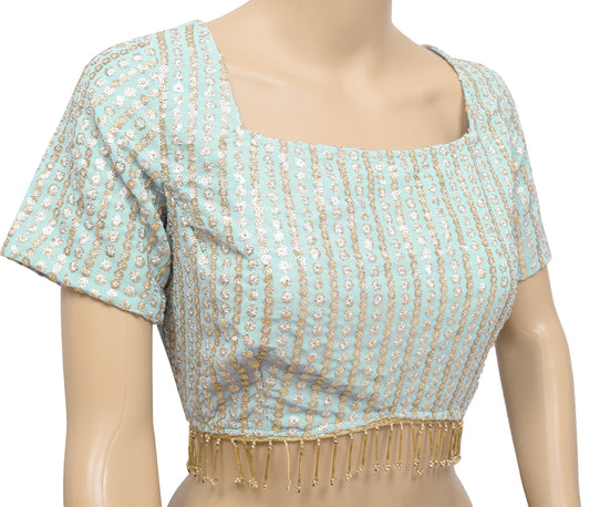 Sushila Vintage Readymade Blue Branded Sari Blouse Hand Beaded Designer Top 34"