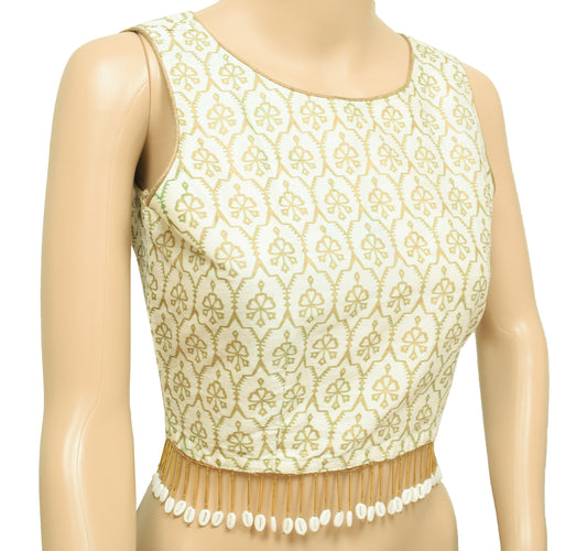 Sushila Vintage White Stitched Silk Sari Round Neck Women Blouse Branded Top 38"