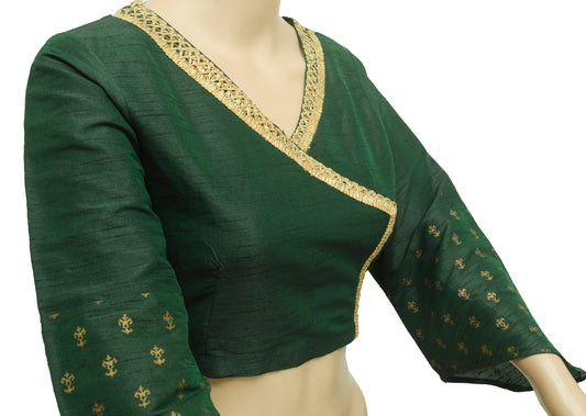Sushila Vintage Ready To Wear Green Branded Sari Blouse Designer Silk Top 34"Size