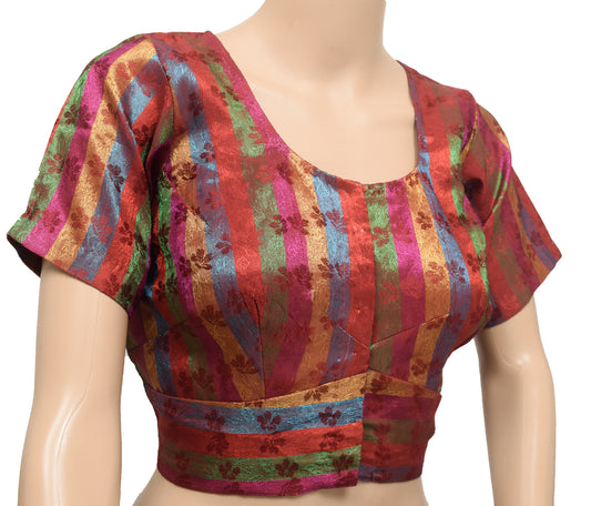 Sushila Vintage Stitched Multi-Color Floral Woven Satin Silk Sari Blouse Top 38"