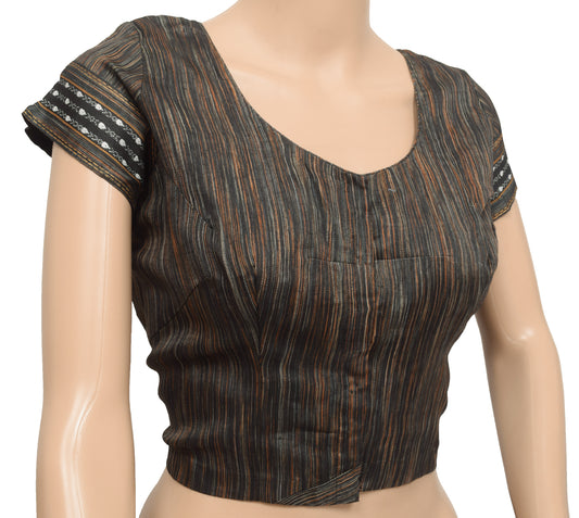 Sushila Vintage Readymade Stitched Women Sari Blouse Black Hand Woven Silk 41" Top