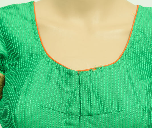 Sushila Vintage Readymade 36" Sari Blouse Green Stripe Embroidered Silk Top