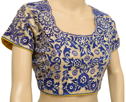 Sushila Vintage Readymade Golden Velvet Embroidered Sari Blouse Designer Choli 38"