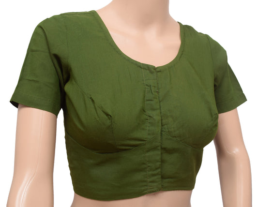 Sushila Vintage Readymade 32"Sari Blouse Henna Green Plain Cotton Soft Top