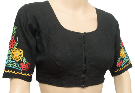Sushila Vintage Readymade 32"Sari Blouse Black Cotton Embroidered Choli