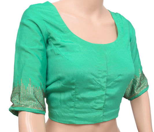 Sushila Vintage Readymade 36"Sari Blouse Aqua Green Silk Stone Work Choli