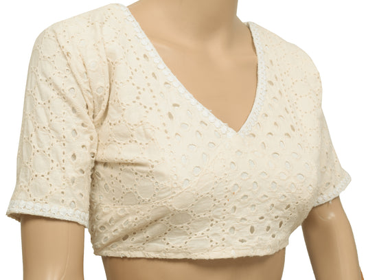 Sushila Vintage White Stitched Sari Trending Hakoba blouse V-Neck Designer Top 34"