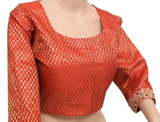 Sushila Vintage 38" Stitched Sari Blouse Red Woven Wedding Wear Silk Top