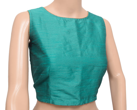 Sushila Vintage Stitched Sari Blouse Teal Green Round Neck Branded Silk Top 34"