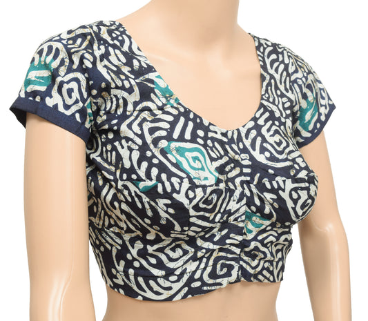 Sushila Vintage Dark Blue Readymade Stitched Sari Blouse Printed Silk Choli 32"Top