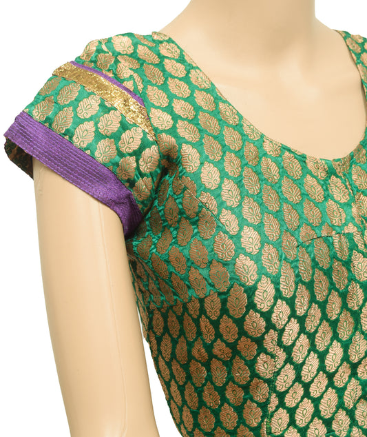 Sushila Vintage Stitched Sari Blouse Green Satin Silk Banarasi Zari Woven Choli 34"