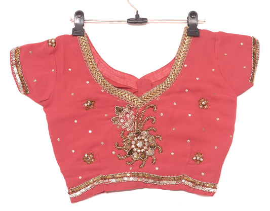 Sushila Vintage Readymade 30"Sari Blouse Georgette Hand Beaded Floral Top
