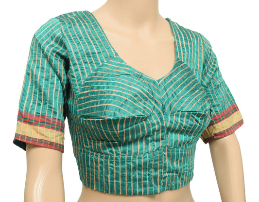 Sushila Vintage Aqua Green Stitched Sari Blouse 36"Stripes Woven Designer Silk Top