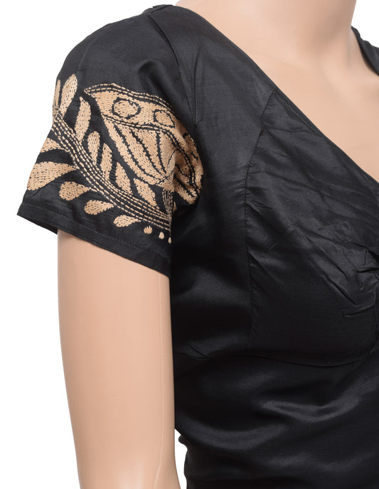 Sushila Vintage Black Stitched Sari Blouse Hand Embroidered Kantha Floral 40" Choli