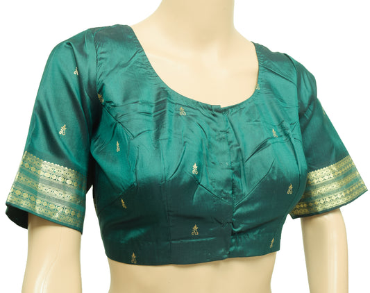 Sushila Vintage Readymade 38" Sari Blouse Bottle Green Pure Silk Woven Top