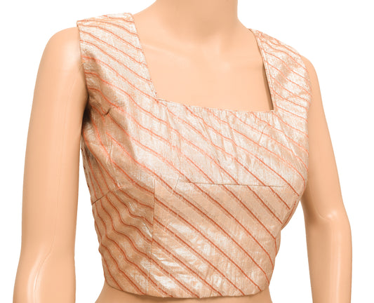 Sushila Vintage Stitched Sleeveless Sari Blouse Stripe Woven Designer Tissue 38"Top