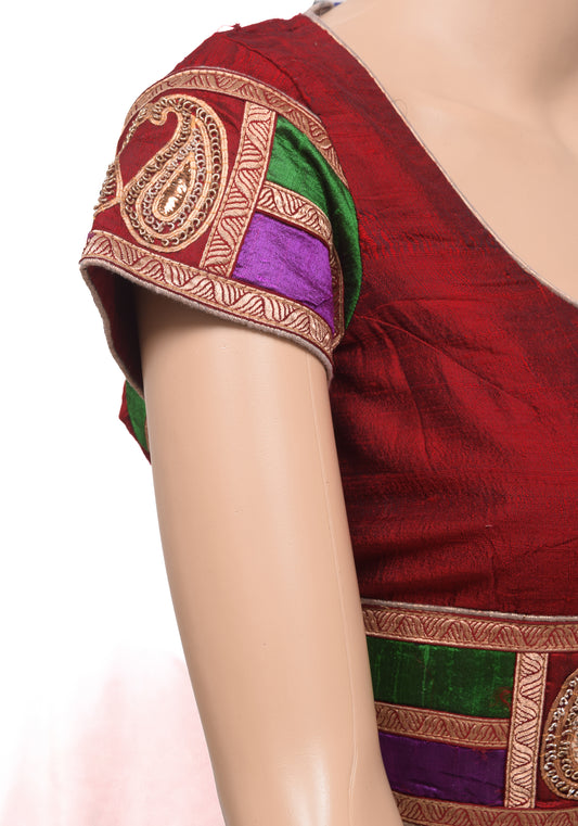 Sushila Vintage Readymade 38"Silk Sari Blouse Maroon Patch Work Top Choli