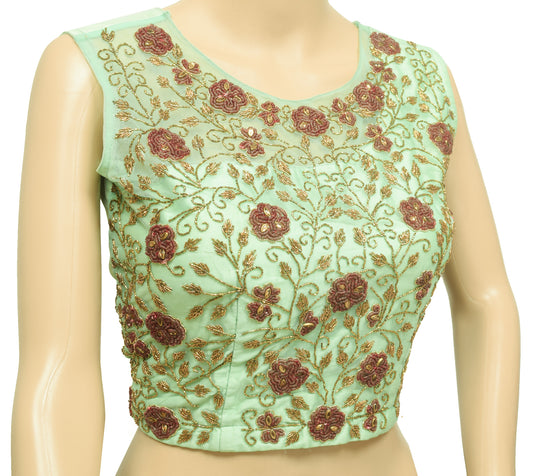 Sushila Vintage Green Stitched Padded Sari Blouse Hand Beaded Designer 32" Crop Top