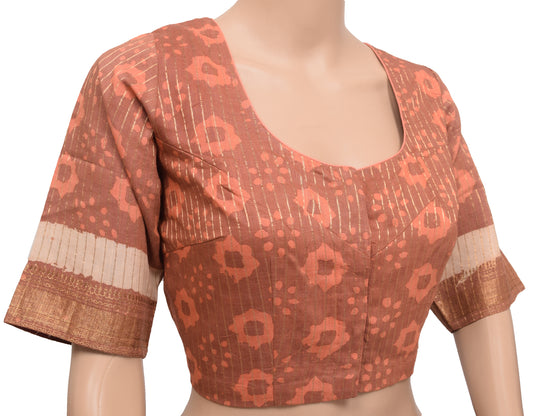 Sushila Vintage Readymade 38" Sari Blouse Brown Cotton Printed Designer Top