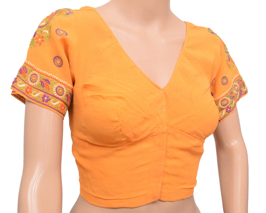 Sushila Vintage Yellow Stitched Sari Blouse Georgette Embroidered Floral Choli 36"
